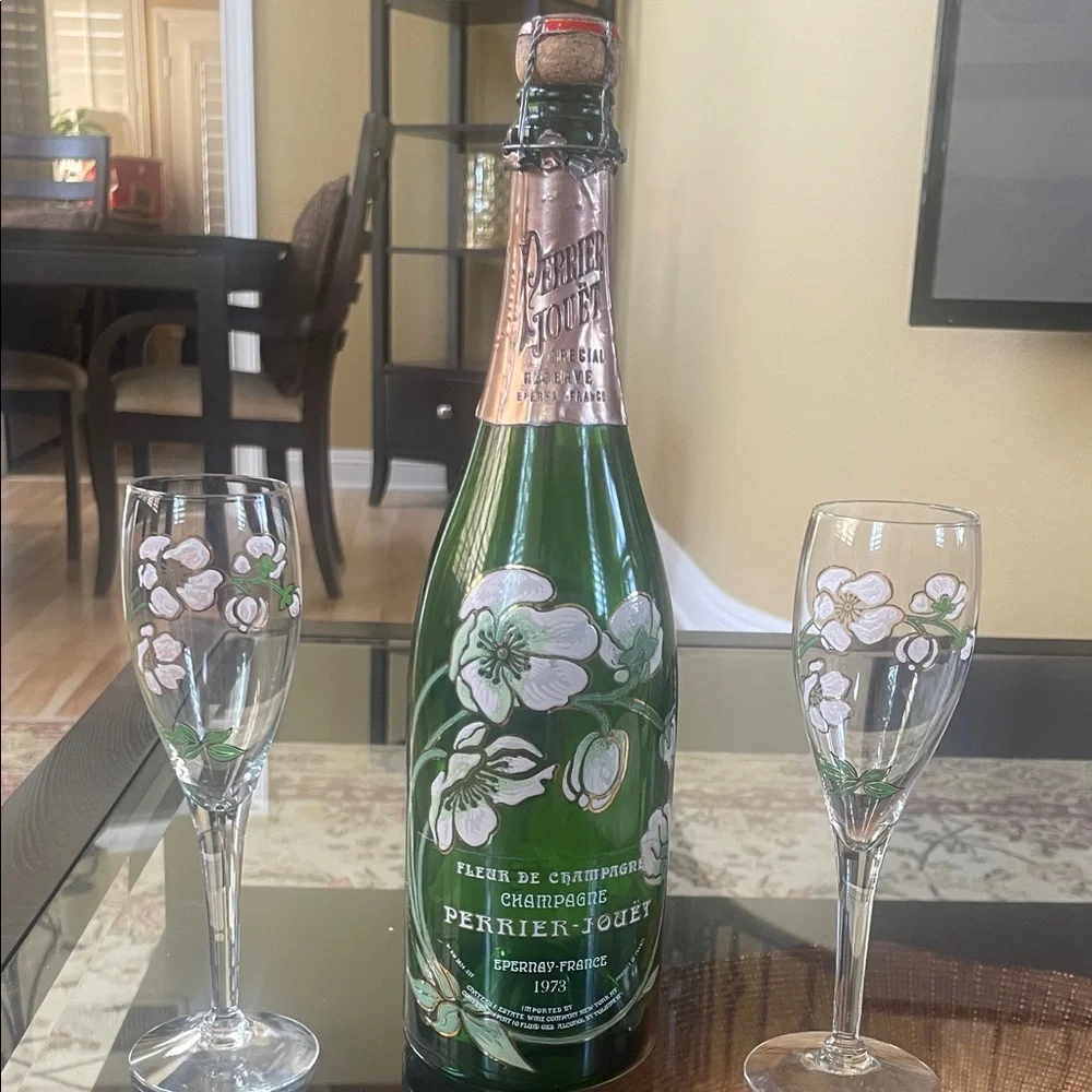 Perrier-Jouët Empty Champagne Bottle with Hand Painted Floral Glasses